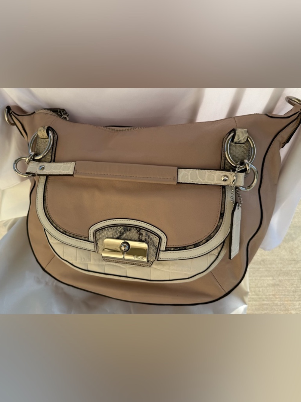 Coach Kristin Satchel Parchment Leather Snake Trim Crossbody Shoulder Bag